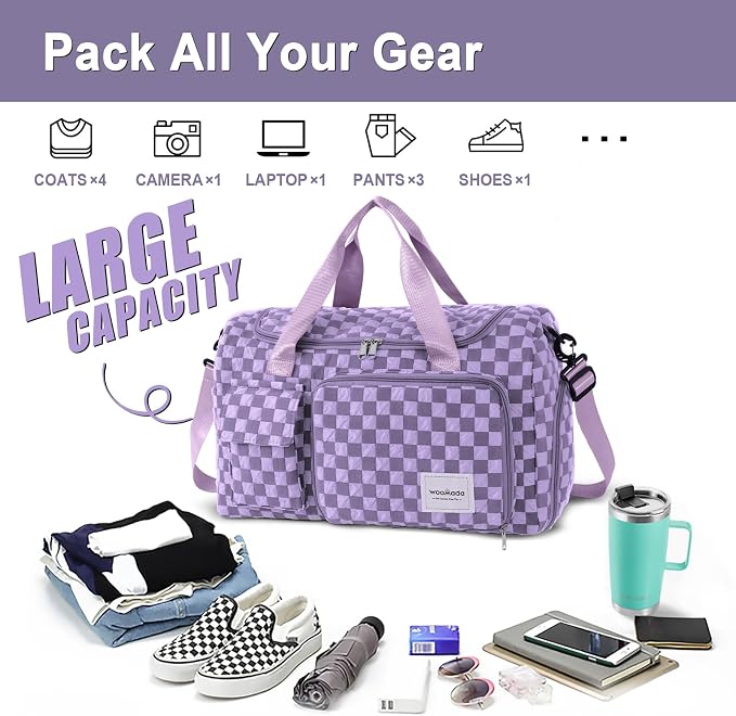 WOOMADA Foldable Travel Duffel Bag with Shoes Compartment, Overnight Bag with Wet Pocket & Trolley Sleeve, Weekender Bags for Women (violet checkerboard) - Image 3