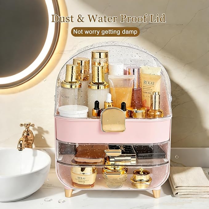 Makeup Organizer with 360 Rotating Brush Holder, Large Skincare Organizer for Vanity, Dustproof Cosmetic Display Case with 2 Drawers for Bathroom Countertop, 16" Tall Portable Beauty Storage,pink - Image 3