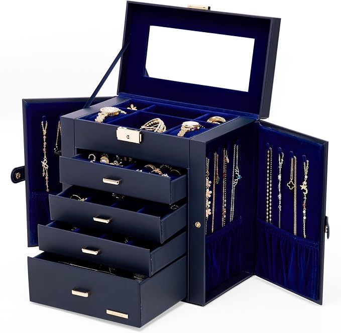 Homde Synthetic Leather Huge Jewelry Box Mirrored Watch Organizer Necklace Ring Earring Storage Lockable Gift Case (Dark Blue + Gold) by Homde