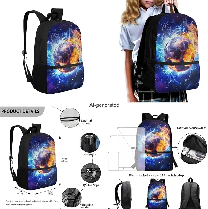 Galaxy Lightning Soccer Backpack for Boys Girls Backpack with Lunch Box Water Bottle Holder and Soft Pencil Case 4PCS Set Bookbag with Front Pocket for School 17 inch Large School Bag for Kids - Image 3