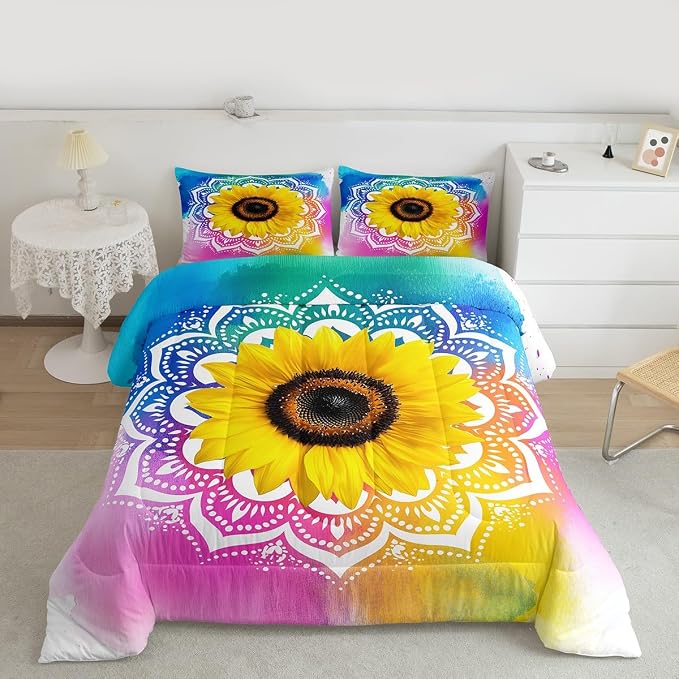 Erosebridal Bohemian Mandala Comforter Set Queen Size, Kids Boho Sunflower Duvet Sets Tie Dye Tribal Exotic Bedding Set for Boys Girls Teens Women, Psychedelic Watercolor Quilt Set Soft for Bedroom - Image 3
