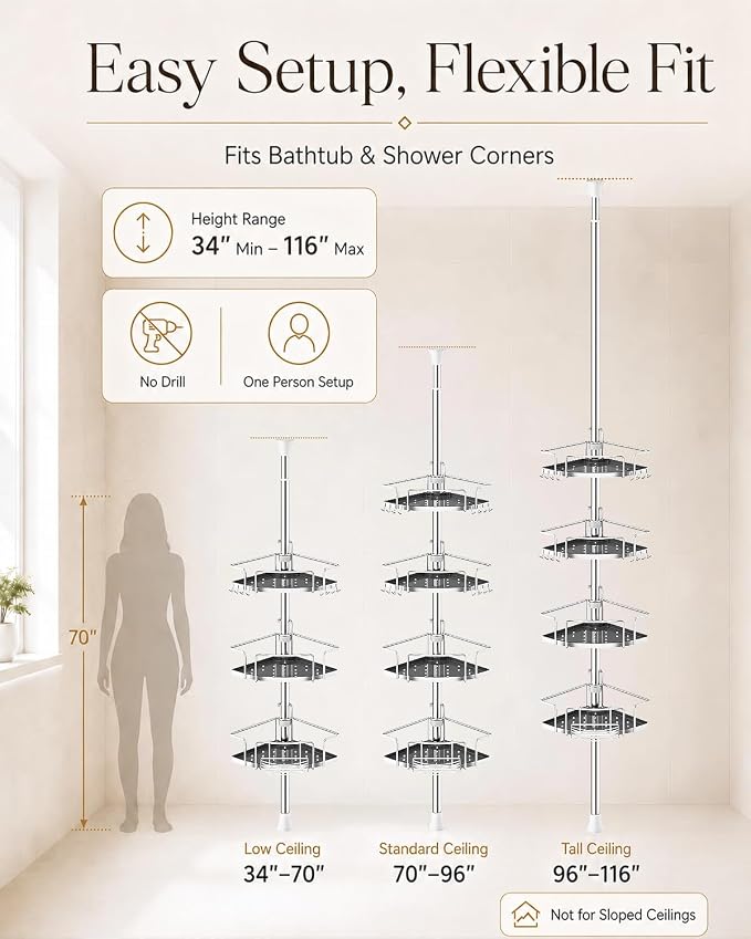 ALLZONE Corner Shower Caddy Tension Pole, 4 Hang-On Basket with Mixed-Height Shelves for Various Bottle Sizes, Extra Hooks & Soap Holder, Rustproof Stainless Steel, Fits 34–116 Inch, Silver/Dark Gray - Image 3