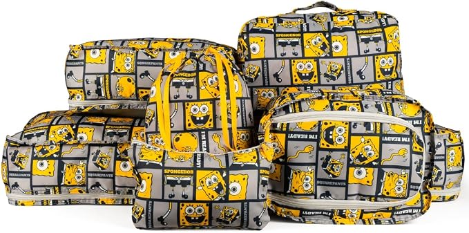 SpongeBob SquarePants Packing Cubes for Suitcases, 7 Piece Travel Essentials Luggage Organizer Set, Lightweight Fabric Storage Bags, (Officially Licensed Product) by Franco Collectibles by Franco