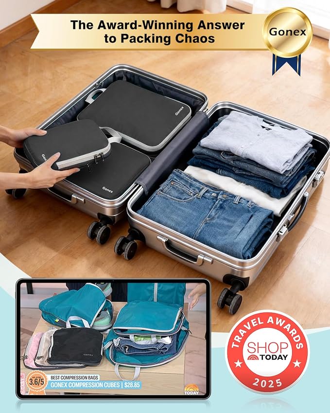 Gonex Compression Packing Cubes, 4pcs Expandable Storage Travel Luggage Bags Organizers (Deep Gray) - Image 2