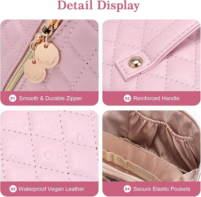 Travel Makeup Bags Cosmetic Organizer: 3Pcs Set Puffy Make up Bag for Women | Pink Premium Quilted ELEGANCE Design | Large Capacity Leather Toiletry Bags | Wide Open Compact Case for Travel Essentials - Image 6