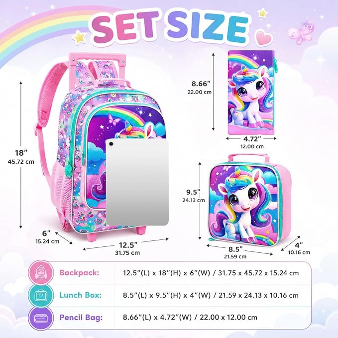 HPJGD 3PCS Unicorn Rolling Backpack for Girls, Kids School Backpacks with Wheels, Water Resistant UV Printed Roller Wheeled Bookbag Set - Image 5