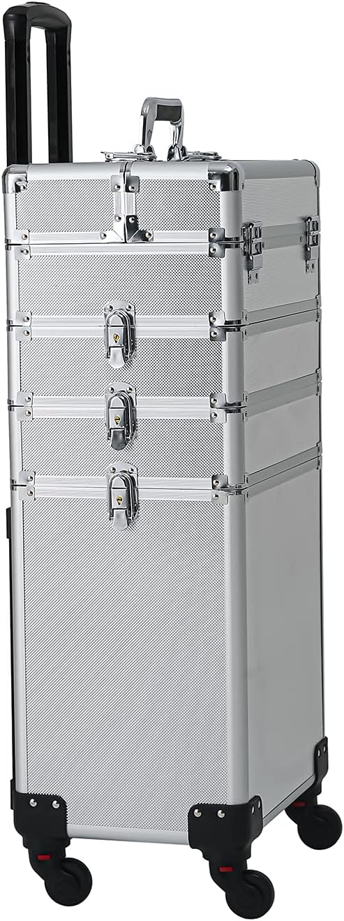 Karl home 4 in 1 Makeup Train Case Rolling Cosmetic Trolley Large Capacity Travel Organizer with Key 360°Swivel Wheels Suitcase for Beauticians Hairstylists Nail Tech Students, Silver - Image 5