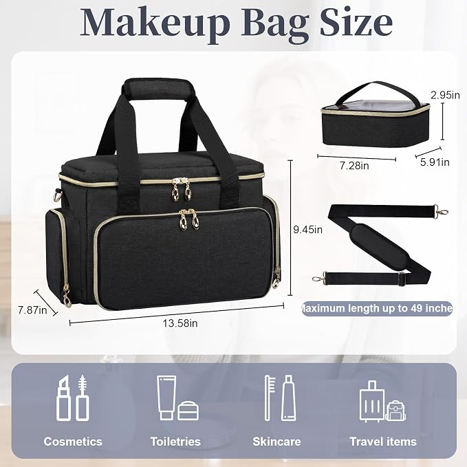 GDNasist Large Makeup Bag, Portable Travel Makeup Bag Organizer for Women Girls with 2 Removable Pouches & Detachable Dividers, Cosmetic Travel Bag, Toiletry Bag for Makeup and Hair Supplies Black - Image 4