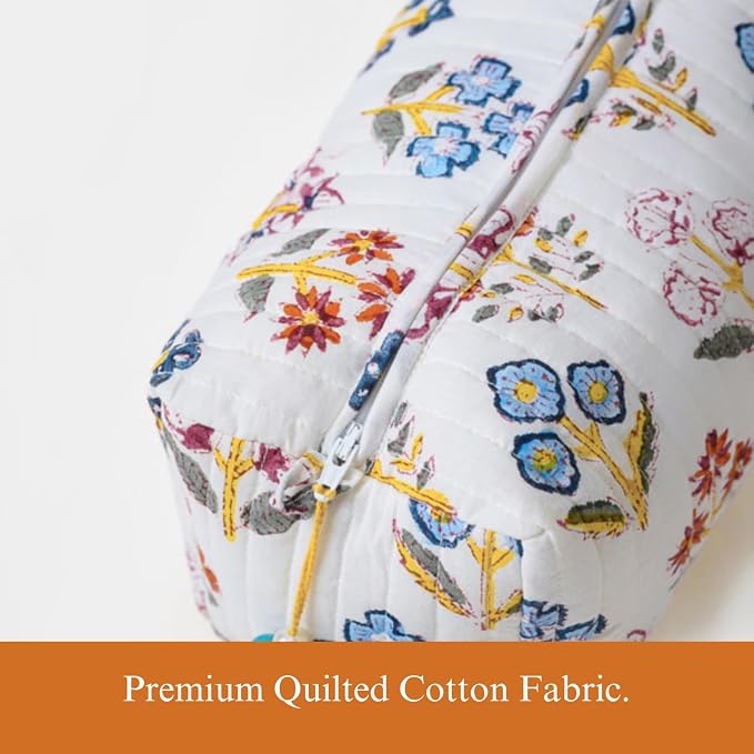 Saffron Marigold Quilted Makeup Bag Set of 3, Hand Block Printed Cotton Cosmetic Bags for Women, Waterproof Lined Travel Toiletry Bag, Coquette Floral Aesthetic, Handmade Gift, Wildflower Fields - Image 4