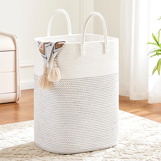 Laundry Basket,Woven Cotton Rope Laundry Hamper,Versatile Storage for Dirty Clothes,Baby Toys,and Blankets in Bathroom, Nursery,and Living Room (White, 60L) by Artfeel