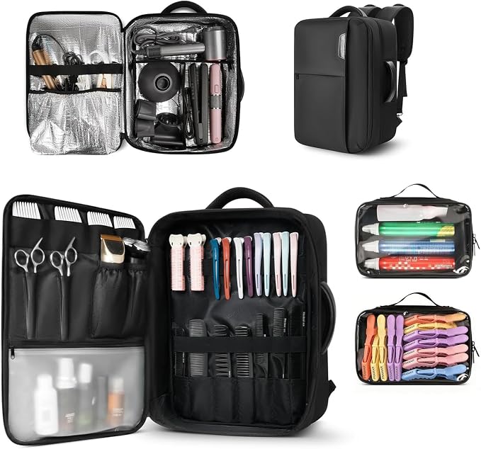 Barber Bag with 2 Pouches, Professional Hairstylist Travel Backpack with Adjustable Dividers, Hairdresser Hair Tools Bag with Insulated Pocket, Cosmetology Bags for Supplies, Water-resistant, Black by AUROTIER