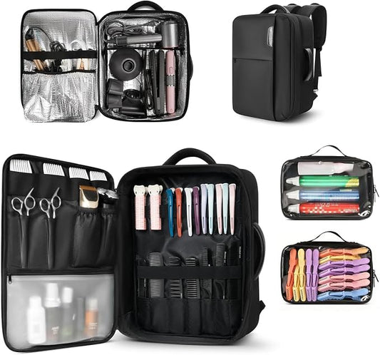 Barber Bag with 2 Pouches, Professional Hairstylist Travel Backpack with Adjustable Dividers, Hairdresser Hair Tools Bag with Insulated Pocket, Cosmetology Bags for Supplies, Water-resistant, Black by AUROTIER