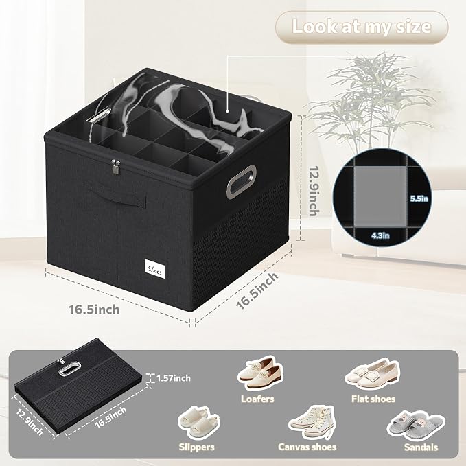 2 Pack Shoe Organizer for Closet Large Shoe Box Storage Containers with Clear Window Space Saving Shoe Bin with Foldable Bottom Support Adjustable Dividers Fits 32 Pairs (Black, (16.5*16.5*13in)*2) - Image 2