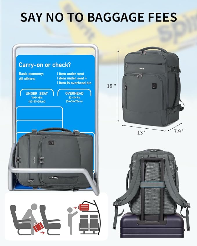 ECOHUB Travel Backpack for Men, 18x14x8 Frontier Airlines Personal Item Bag with Clear Toiletry Bag, Laptop Carry on Backpack with USB Port, Airline Approved Under Seat 14 Pockets 30L, Grey - Image 2