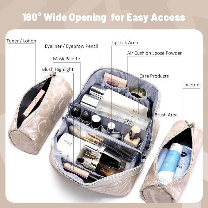 BOYATU Travel Makeup Bag for Women: Y2K Aesthetic Personalized Glossy 3 Pcs Set Cosmetic Organizer Bag - Trendy Statement Toiletry Pouch for Forward Women - Stand Out at Festivals & Trips(D-5-Apricot) - Image 5