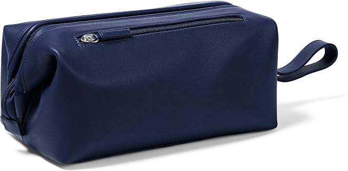 Leatherology Navy Blue Framed Toiletry Bag – Full Grain Leather Dopp Kit for Men with Wide-Mouth Opening, Interior & Exterior Zippered Pockets, Water-Resistant Lining - Image 2