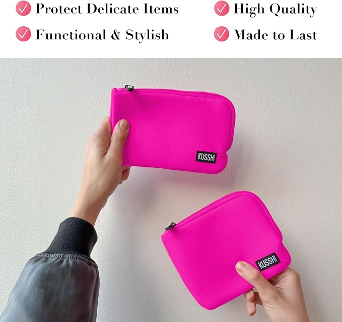 KUSSHI 2pc Neoprene On-The-Go Pouch Set - Passport Holder and Travel Zipper Makeup Pouch for Purse - Small Purse Pouch for Organization, Electronics, Glasses & Valuables (Pink) - Image 4