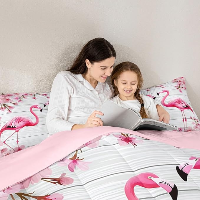 Erosebridal Flamingo Bedding Set King,Cherry Blossoms Comforter Set for Girls Boys Teens Women,Pink Tropical Bird Animal Comforter Flower Rustic Wooden Board Quilt Duvet Sets with 2 Pillow Cases - Image 4