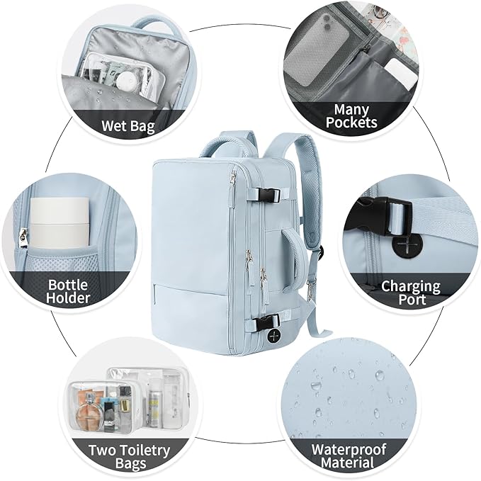 Hanples Large Travel Backpack for Women, 35L Carry on Luggage Backpack,17 Inch Laptop Backpack with USB Charging Port, Waterproof Casual Bag Gift for Men with 2 Toiletry Bags (Light Blue) | 35L Carry on Backpack, TSA Flight Approved Anti Theft Travel B... - Image 5