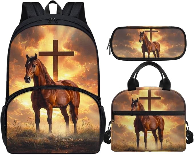 Horse Cross Kids Backpack Boys Elementary School Bags for Teens 3 Pcs Set Travel Bookbag with Lunch Bag and Pencil Case for School Supplies by Vanideaoty