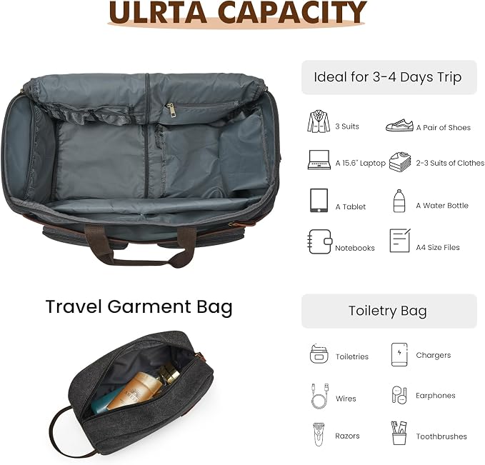 Garment Bag for Travel, S-ZONE Duffle Bag for Men Travel Convertible Suit Bags Carry on Luggage Women Hanging Suitcase Travel Bag with Toiletry Bag | Soft Canvas, Black, Carry-on size, with Toiletry Bag, Adjustable Shoulder Strap, Trolley Sleeve, Shoe ... - Image 7
