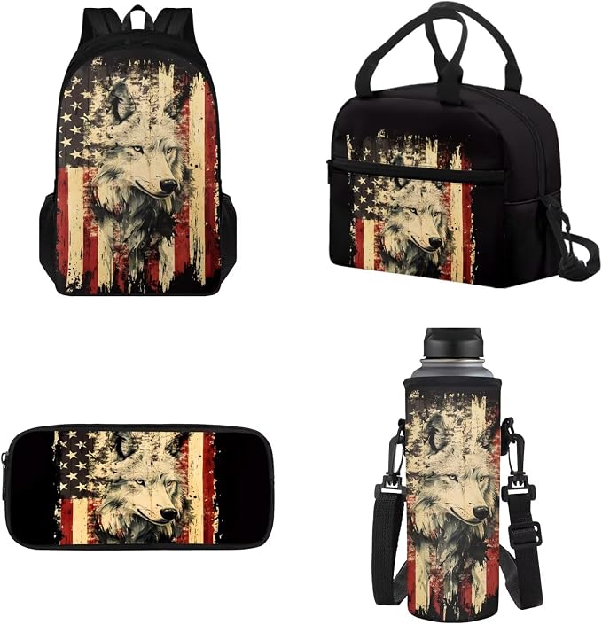 Student Backpack with Leakproof Lunch Bag Pencil Pouch Water Bottle Organizer, USA Flag Wolf Print Casual Double Zipper Large Capacity Travel Book Bag Rucksack for Kids by Tomeusey
