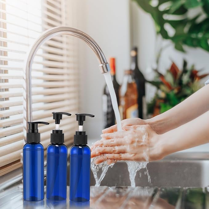 Nuenen 48 Pcs Refillable Empty Lotion Bottles 4oz/120ml Plastic Pump Bottles Conditioner Shampoo Dispenser Leak Proof Pump Container for Body Wash, Creams, Liquid Soap(Black and Blue) - Image 5