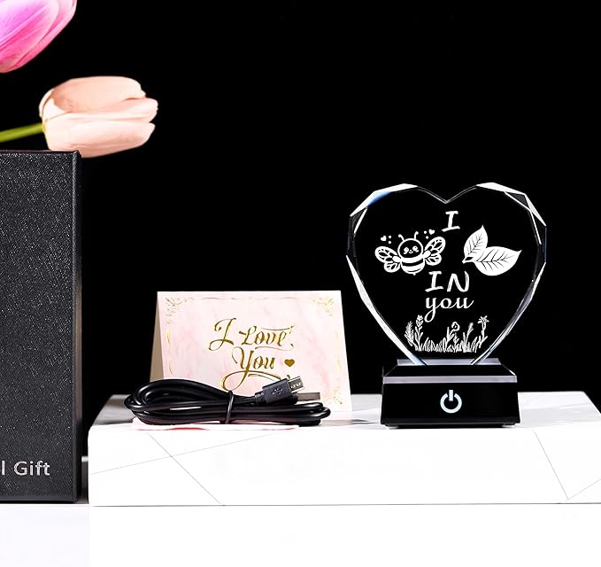 ZHSHWAT Christmas Gift Heart Shaped Crystal Night Light, I Bee Leaf in You-Color Changing LED, USB/Battery Powered, Encouragement Present for Friends Family