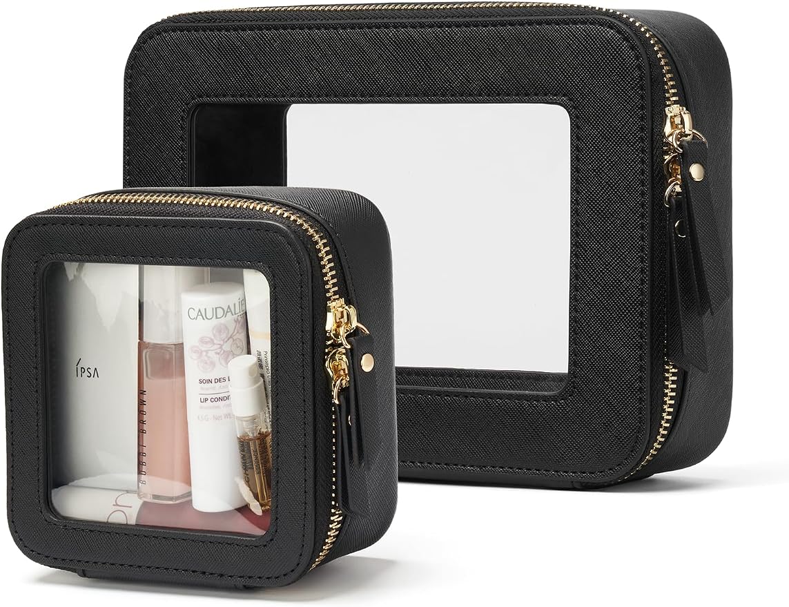 Popvibe Clear Makeup Case Toiletry Bag Travel Medium Clear Cosmetic Bag with Zipper, Make Up Bag Organizer Traveling TSA Approved Transparent Bag Car for Essentials, Mini & Medium, Black by POPVIBE