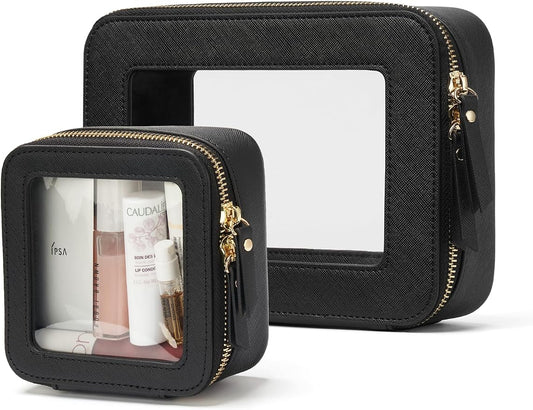 Popvibe Clear Makeup Case Toiletry Bag Travel Medium Clear Cosmetic Bag with Zipper, Make Up Bag Organizer Traveling TSA Approved Transparent Bag Car for Essentials, Mini & Medium, Black by POPVIBE