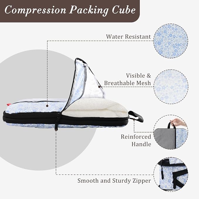 U+U 10 Set Compression Packing Cubes - Ultralight Travel Organizers with Laundry Bag and Cosmetic Bag, Space-Saving Suitcase Organizer for Travel, Business Trip and Family Vacation (Blue Flower) - Image 2