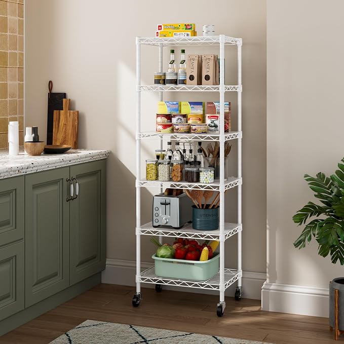 Golpart Small 6 Tier Shelves Storage Wire Shelving Unit Metal Shelf Adjustable Organizers Storage Shelving with Wheels for Bathroom Laundry Room Kitchen Pantry11.7”D x 17.7”W”W x 61.6”H White - Image 2