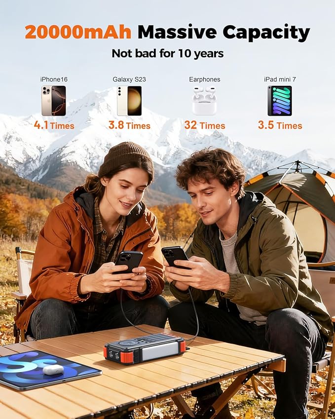 BLAVOR Solar Power Bank with Hand Crank and 4 Cables, 20000mAh Wireless Portable Charger with USB C & Camping Light, 20W Fast Charging Battery Pack for iPhone, iPad, Samsung, All Mobile Phones