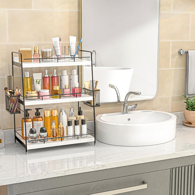 Bathroom Counter Organizer,Bathroom Countertop Organizer with Baskets,Vanity Organizers,Counter Shelf,Countertop Storage, Makeup Organizers(White) - Image 4