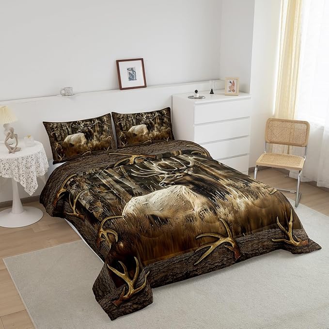 Erosebridal Rustic Deer Comforter Set for Cabin Lodge Vintage Elk Moose Antlers Bedding Set Queen Size Farmhouse Woodland Quilt Hunting Animal Duvet Insert with 2 Pillowcases Home Room Decor - Image 5