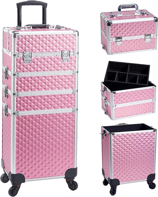 4 in 1 Rolling Makeup Trolley Train Case Cosmetic Suitcase, Box for Makeup Artist, Hairstylists, Nail Tech Students Barber Case with Keys Swivel Wheels - Shiny Pink by AdazzoRollingMakeupCase