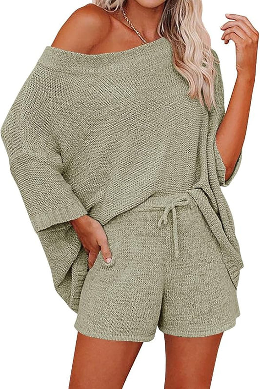 Ermonn Womens 2 Piece Outfits Sweater Sets Off Shoulder Knit Tops Waist Short Suits Casual Pajama Set by Ermonn