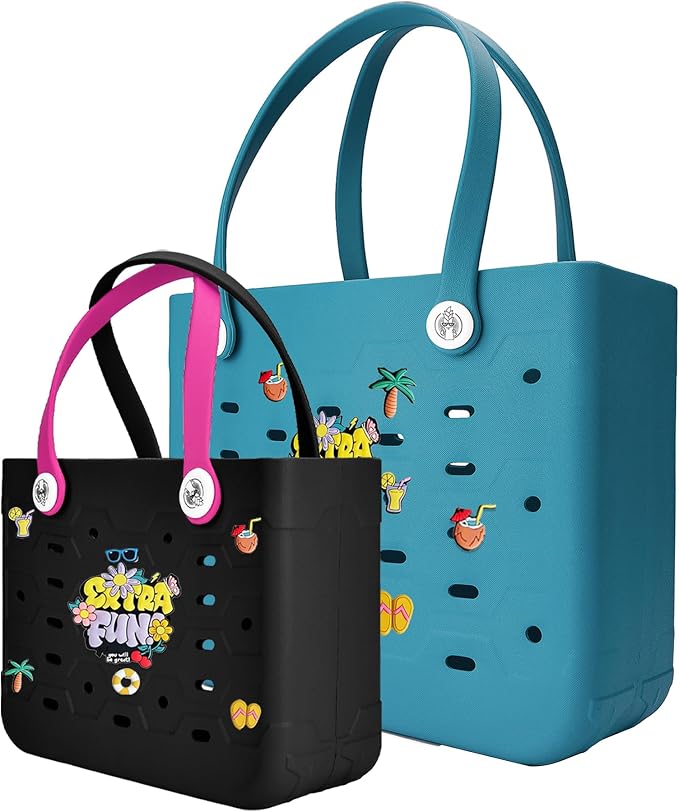 2-Pack Beach Bags Medium & Small,Waterproof Sandproof Rubber Tote Set for Women Men, Vacation Pool Boat Essentials by Unknown
