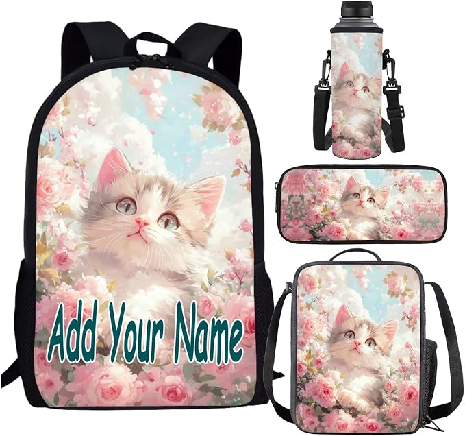 Custom Cat Backpack Lunchbox Set for Girls Personalized Pink Flower Kids Bookbags for 2nd Grade Elementary School Back Pack 4 in 1 Middle Book Bags Lunch Bag Pencil Case Water Bottle Carrier by SCRAWLGODDreamWardrobe