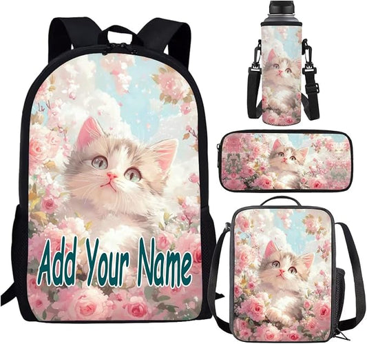 Custom Cat Backpack Lunchbox Set for Girls Personalized Pink Flower Kids Bookbags for 2nd Grade Elementary School Back Pack 4 in 1 Middle Book Bags Lunch Bag Pencil Case Water Bottle Carrier by SCRAWLGODDreamWardrobe