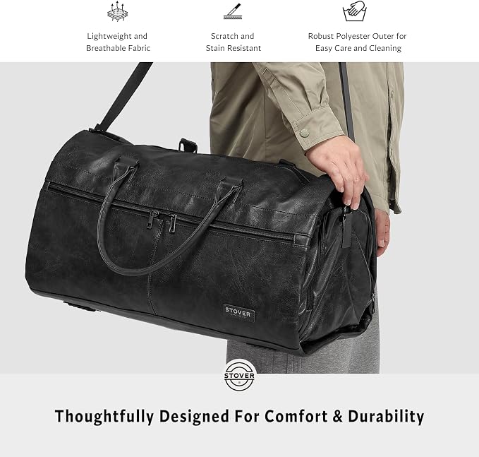STOVER Garment Travel Duffle Bag, Large 2-in-1 Convertible Carry-on Luggage for Men & Women- Hanging Suits, Dresses & Clothes + Shoe Compartment- Weekender Tote Combo Duffel (Black Leatherette) - Image 7