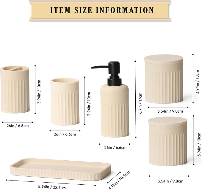 INIUNIK Bathroom Accessory Set - 6 Pieces Bathroom Accessories Set Complete with Soap Dispenser, Toothbrush Holders, Tumbler, Vanity Tray and 2 Qtip Holder for Home Organizer and Decor, Beige - Image 5