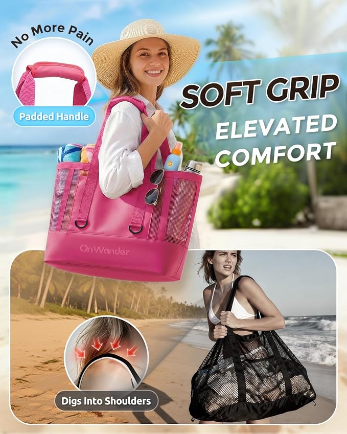 Large Mesh Beach Bag, Waterproof Bottom Tote, Structured Design Waterproof Pocket, Sandproof Pool Bag for Cruise Gym - Image 9