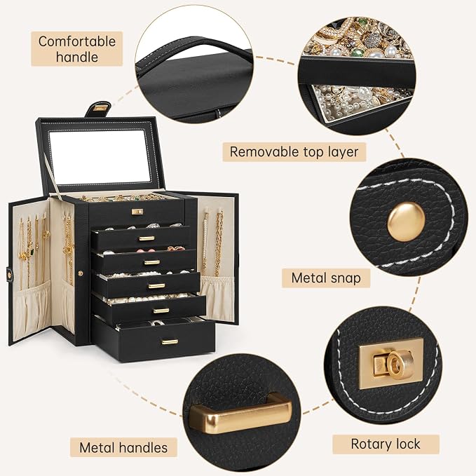 AKOZLIN 6-Tier Jewelry Box Organizer Functional 5 Drawers Leather Jewelry Storage Case for Women Girls Ring Necklace Earring Bracelet Holder Organizer with Mirror Medium Black - Image 6