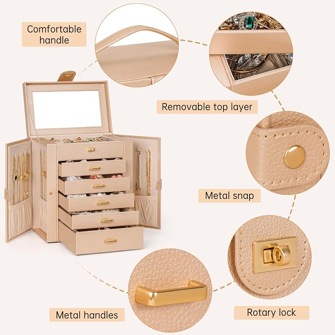 AKOZLIN 6-Tier Jewelry Box Organizer Functional 5 Drawers Leather Jewelry Storage Case for Women Girls Ring Necklace Earring Bracelet Holder Organizer with Mirror Medium Champagne - Image 5