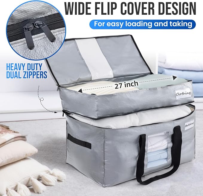 TAILI 2 Tier Extra Large Moving Bags, 2 Pack Silver Heavy Duty Totes For Storage with Visible Window, Wrap Around Handles, Storage Bags for Space Saving, Alternative to Moving Boxes - Image 2