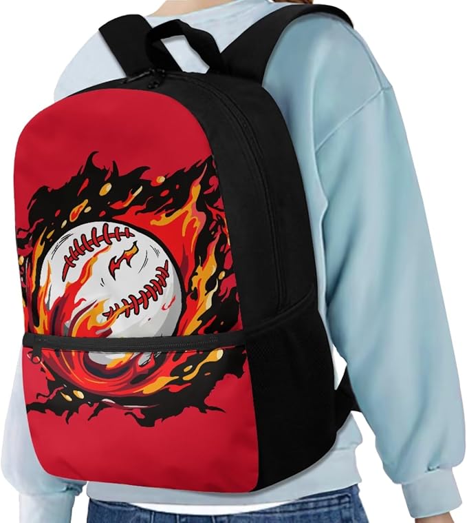 Fire Baseball Backpack for School Boys Backpack with Lunch Box Water Bottle Bag and Soft Pencil Case 4PCS Set Lightweight Bookbag with Front Pocket 17 inch Large Capacity Elementary School Bag - Image 2