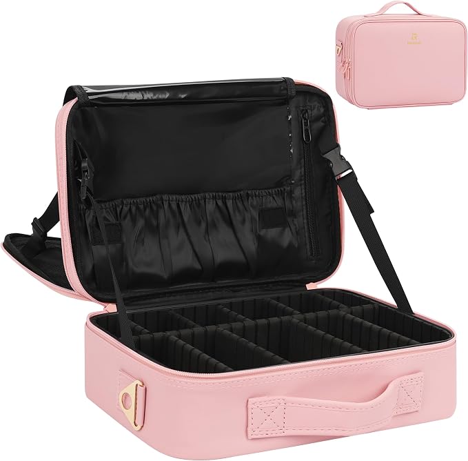 Relavel Makeup Bag Travel Makeup Train Case 13 inches Large Cosmetic Case Professional Portable Makeup Brush Holder Organizer and Storage with Adjustable Dividers and Shoulder Strap (Pink) by Relavel