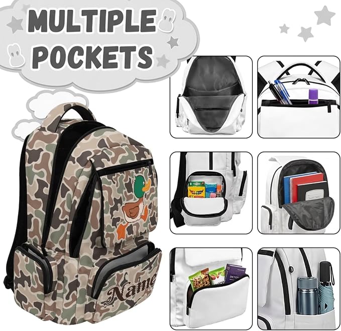 Custom Duck Camo Kids Backpack Set 4Pcs with Lunch Box, 17 Inch | Water Bottle Holder, Durable 600D Multi-Pocket Fabric, for Elementary Middle School Daily Travel and Outings - Image 3