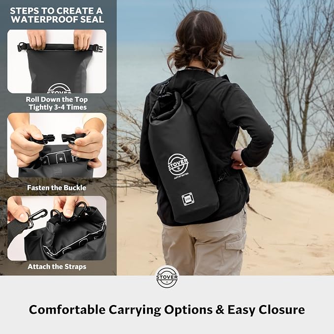 STOVER 5/10/25/30/40L Waterproof Dry Bag, Medium Lightweight Roll Top Dry Bag Backpack w/Waterproof Phone Case, Kayaking, Travel, Hiking, Fishing, Tubing, Camping, the Beach, Men/Women (Black) - Image 5